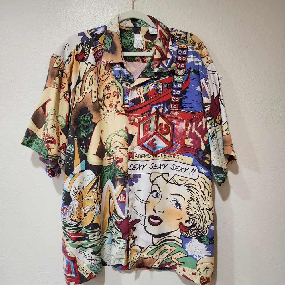 Burma Bibas Shirt Pinball Moon Glow Comic Strip Art 100% Silk size Large